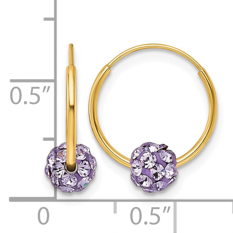 14k Polished Lavender Crystal and Resin Bead Endless Hoop Earrings