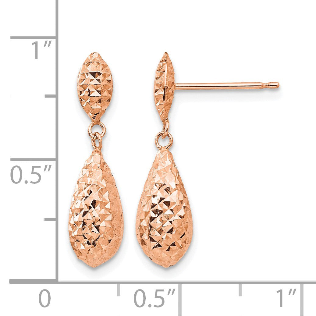 14k Rose Gold Diamond-cut Puffed Teardrop Dangle Post Earrings