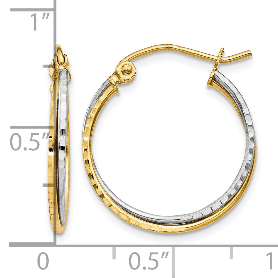 14K Yellow and White Gold Diamond Cut Twisted Hoop Earrings