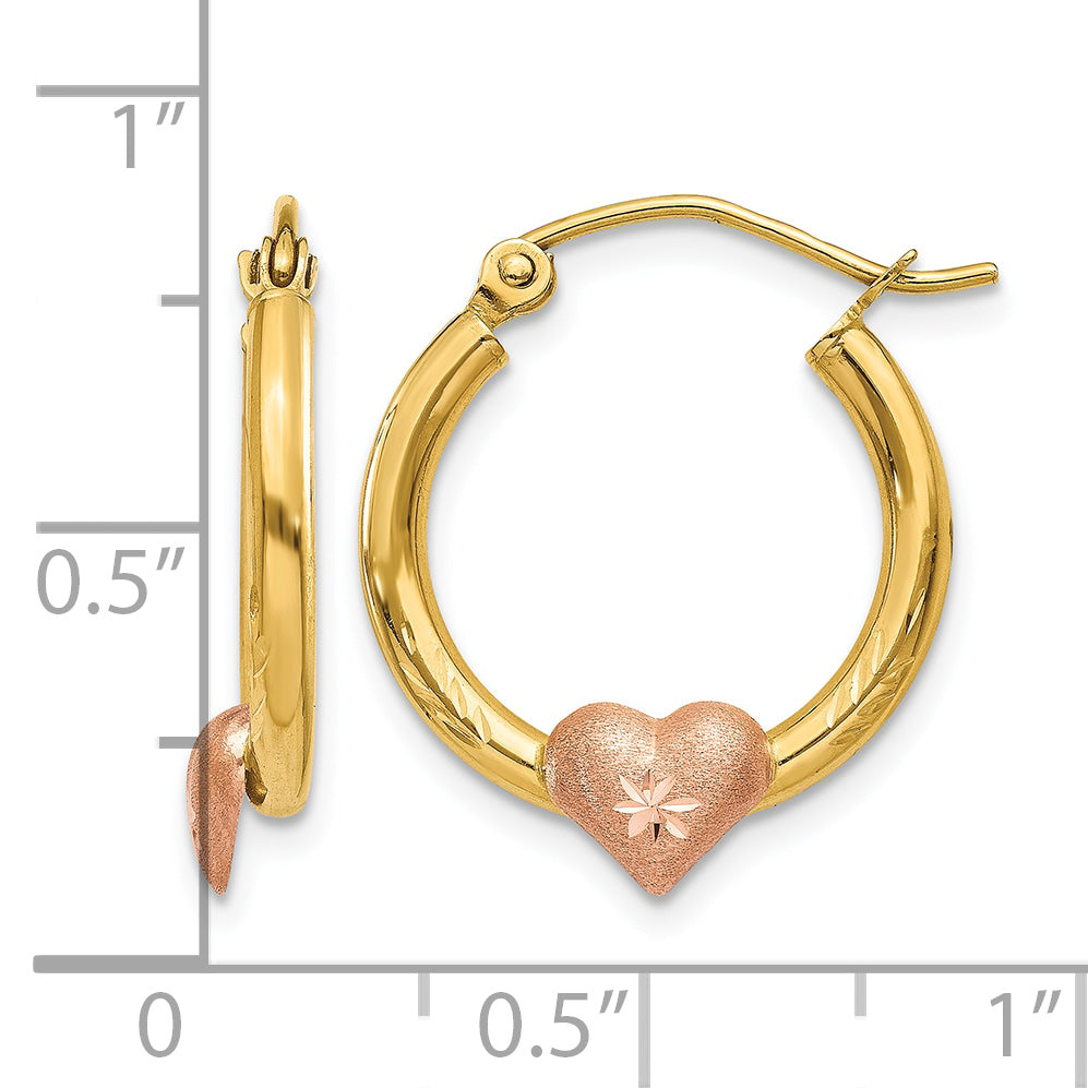 14K Yellow & Rose Gold Heart D/C Hoop Earrings