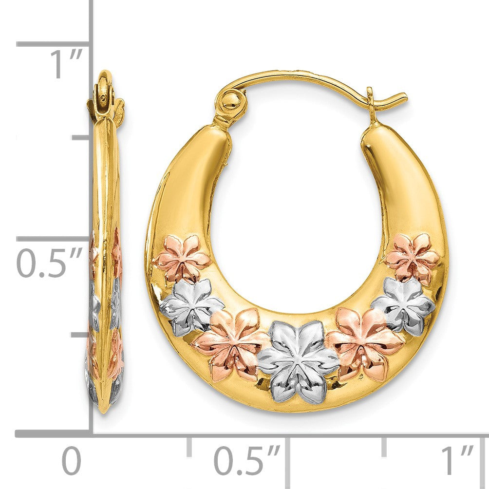 14K & White and Rose Rhodium Hollow Flowers Hoop Earrings