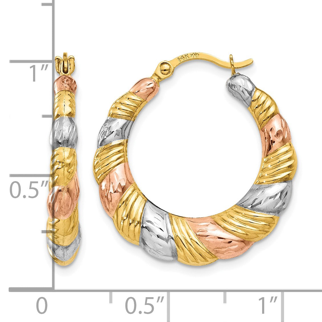 14K & White and Rose Rhodium Hollow Scalloped Hoop Earrings