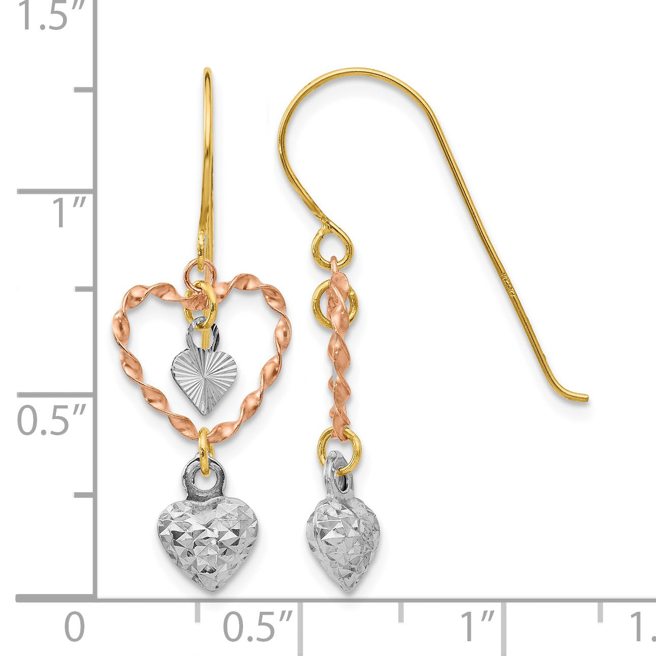 14k Tri-color Diamond-cut Heart Dangle French Hook Earrings