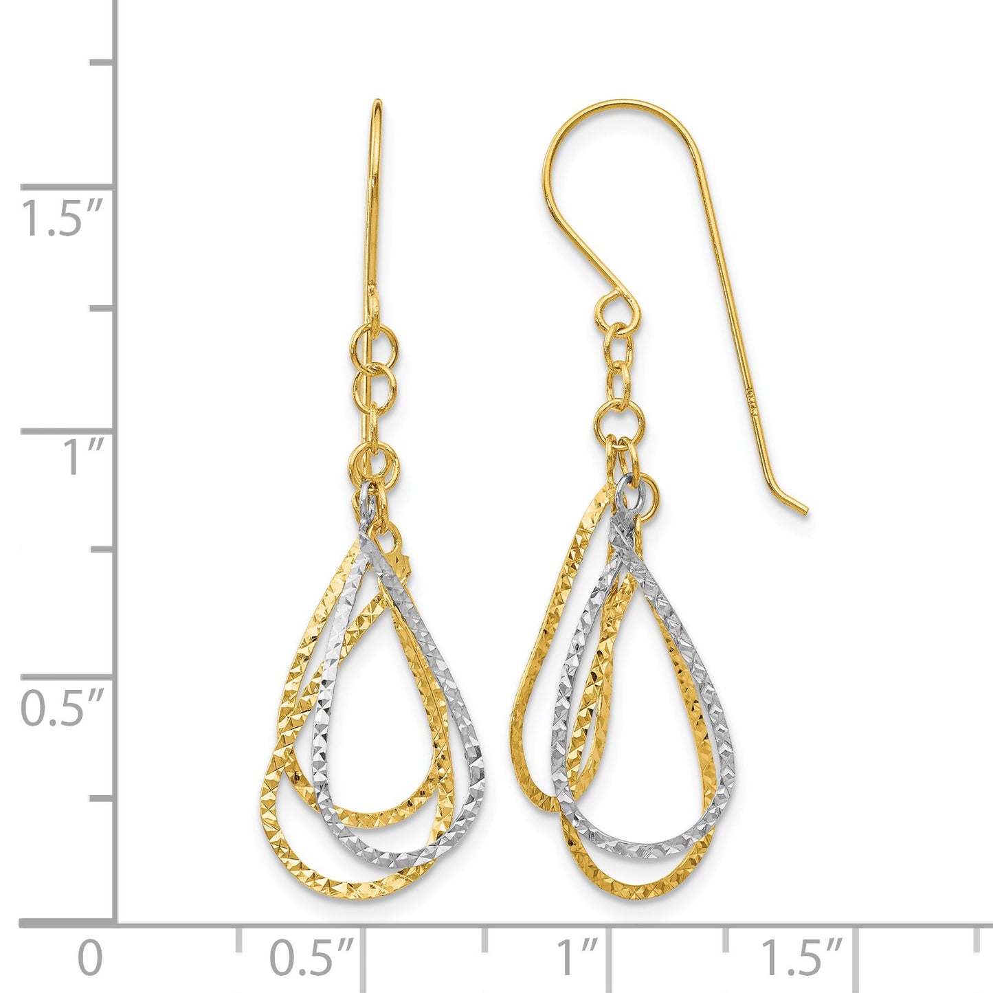 14K Two-tone Diamond-cut Teardrops Dangle French Hook Earrings