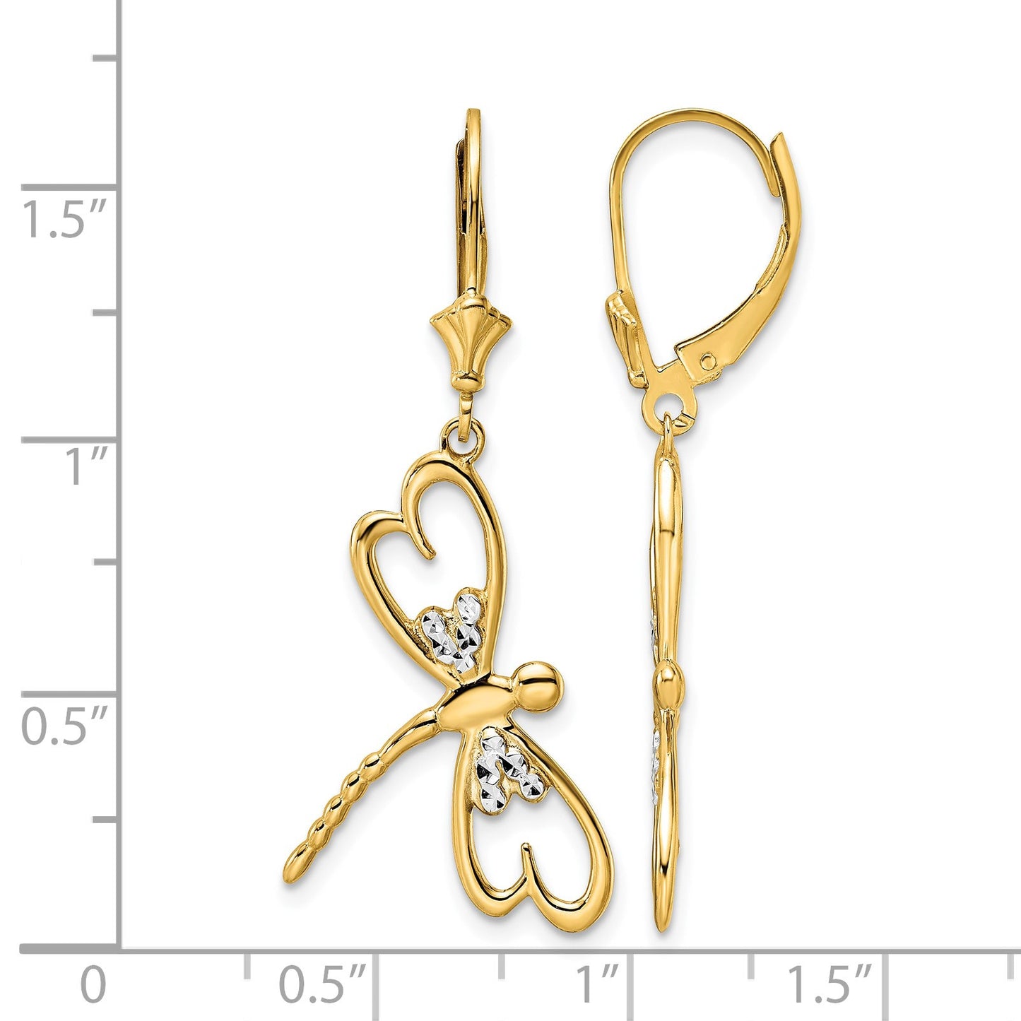 14k and White Rhodium Diamond-cut Dragonfly Dangle Leverback Earrings