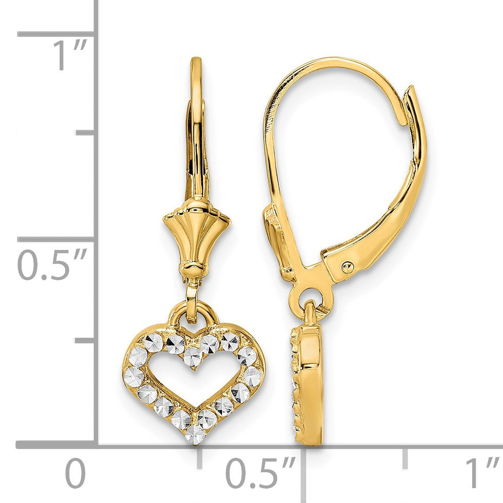 14k and White Rhodium Diamond-cut Open Heart Leverback Earrings