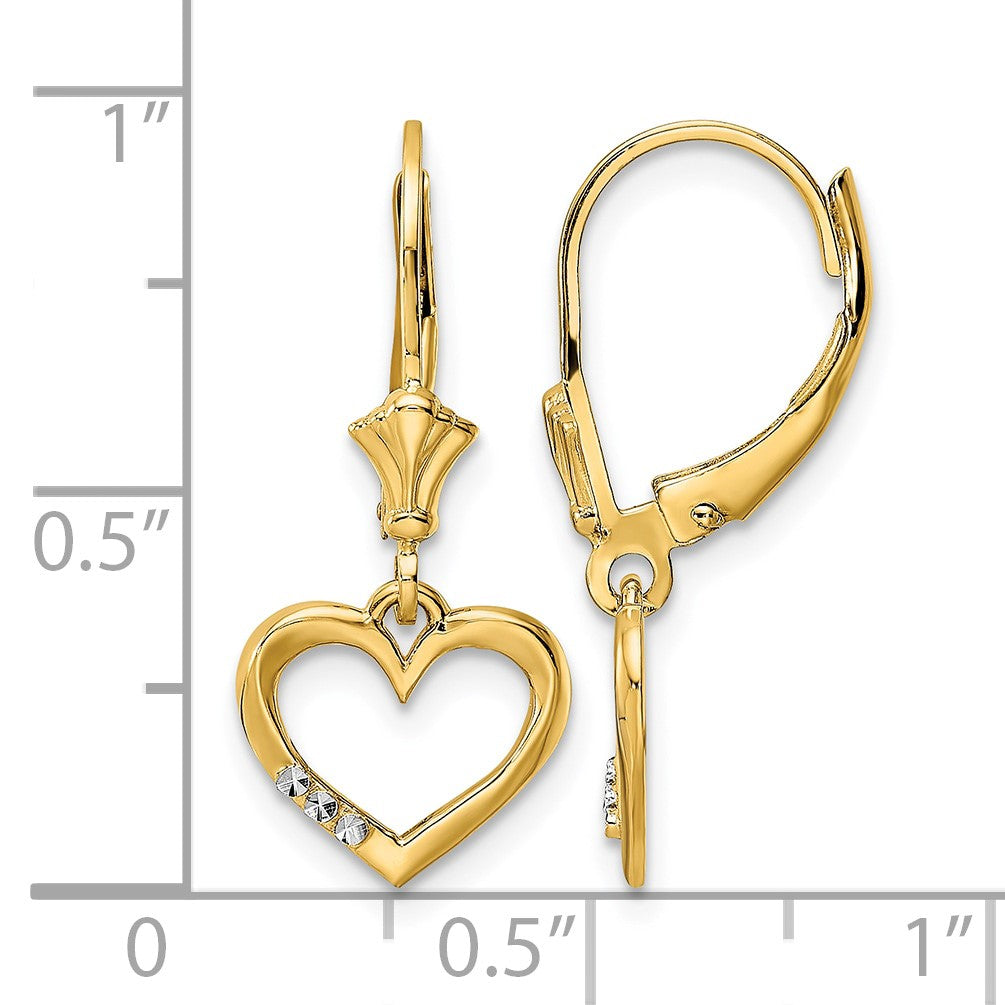 14k and White Rhodium Diamond-cut Open Heart Leverback Earrings