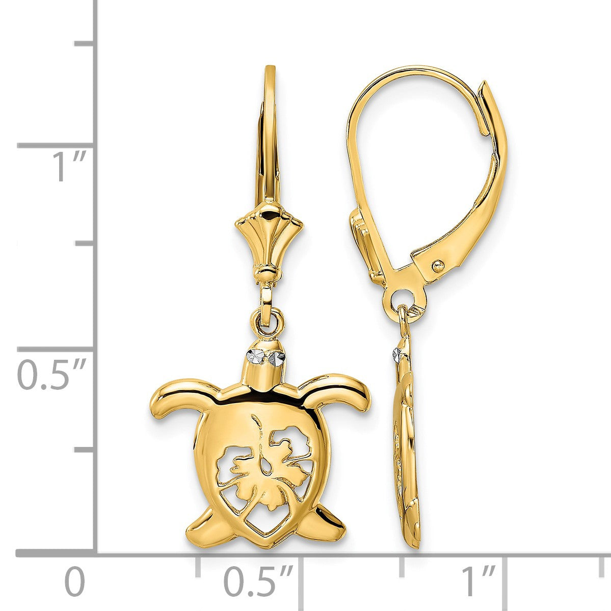 14k and White Rhodium Diamond-cut Floral Turtle Leverback Earrings