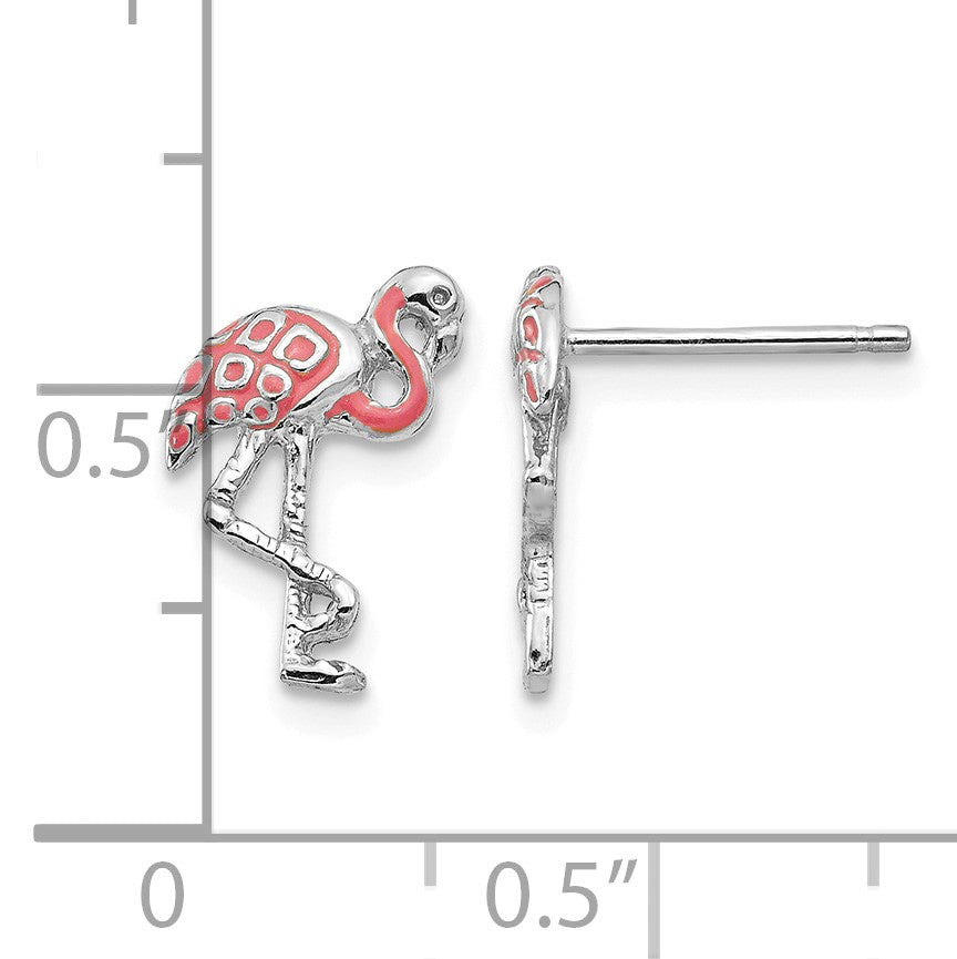14K White Gold Pink Enameled Flamingo Post Earrings