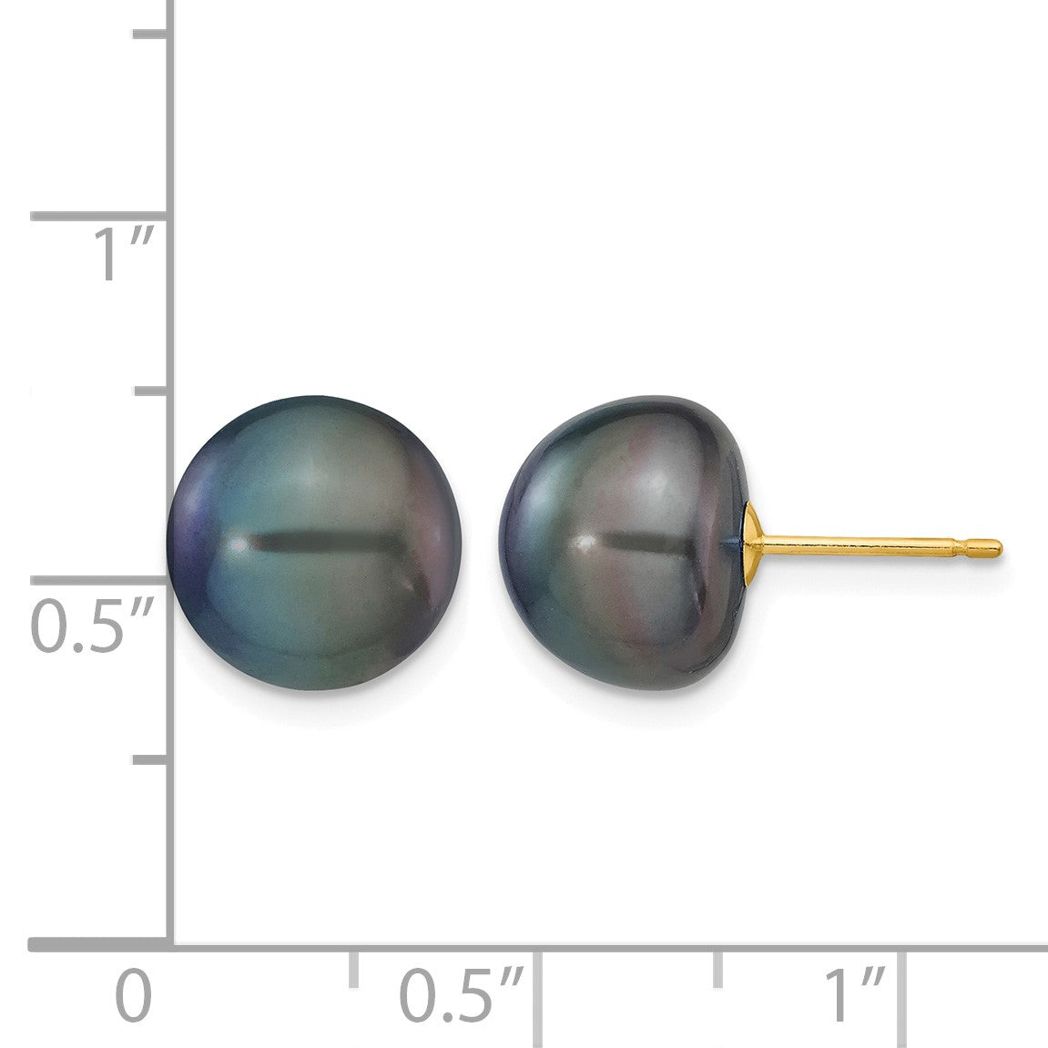 14k 10-11mm Black Button Freshwater Cultured Pearl Stud Post Earrings