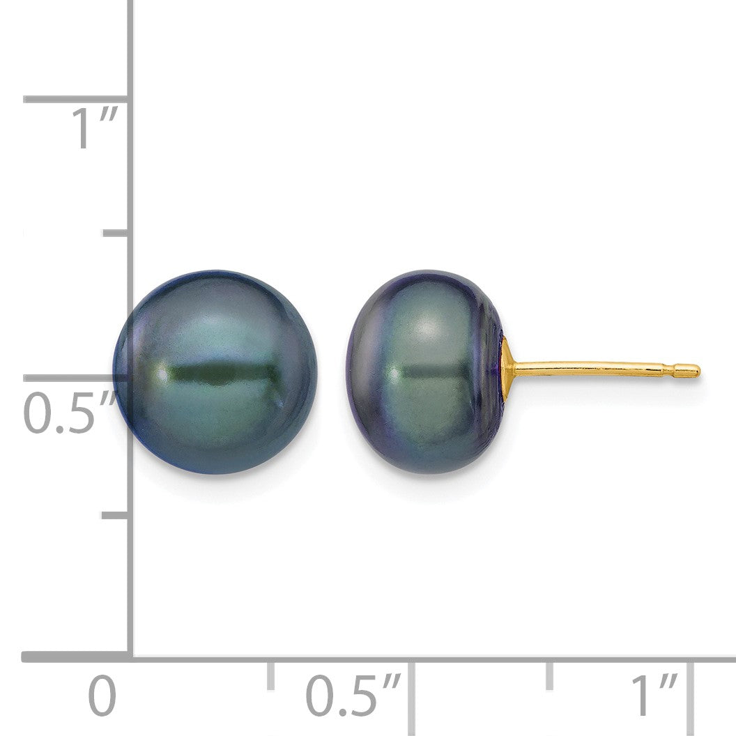 14k 9-10mm Black Button Freshwater Cultured Pearl Stud Post Earrings