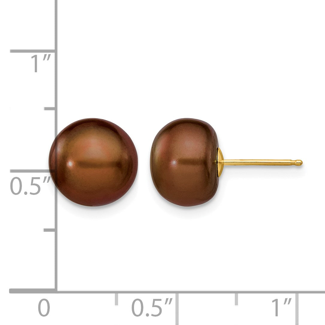 14k 9-10mm Brown Button Freshwater Cultured Pearl Stud Post Earrings