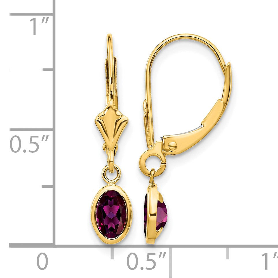 14k 6x4 Oval Bezel June/Rhodolite Garnet Leverback Earrings