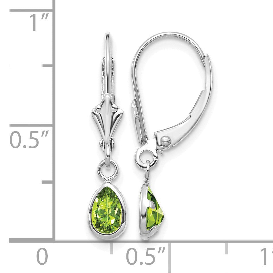 14k White Gold 6x4 Pear Bezel August/Peridot Leverback Earrings