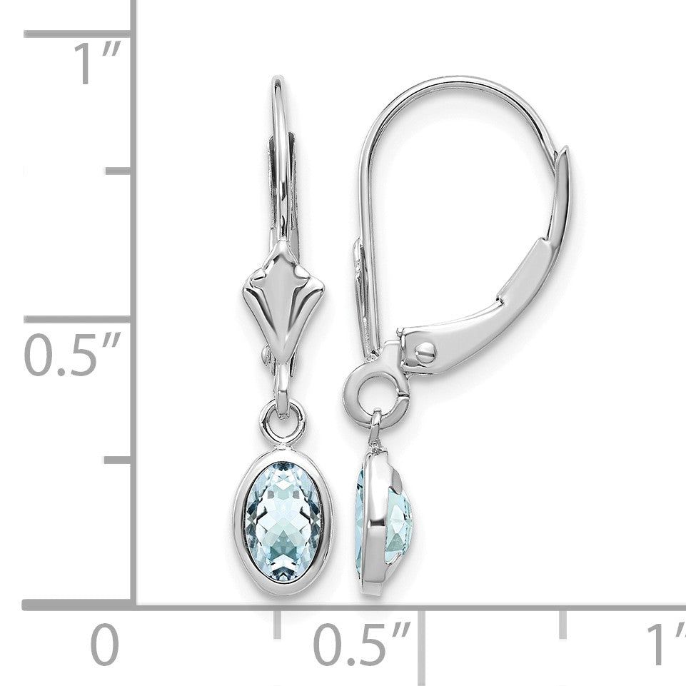 14k White Gold 6x4 Oval Bezel March/Aquamarine Leverback Earrings