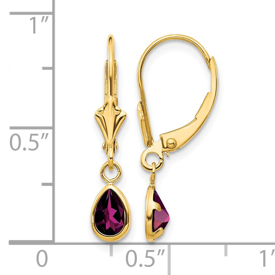 14k 6x4mm Pear Bezel June/Rhodolite Garnet Leverback Earrings