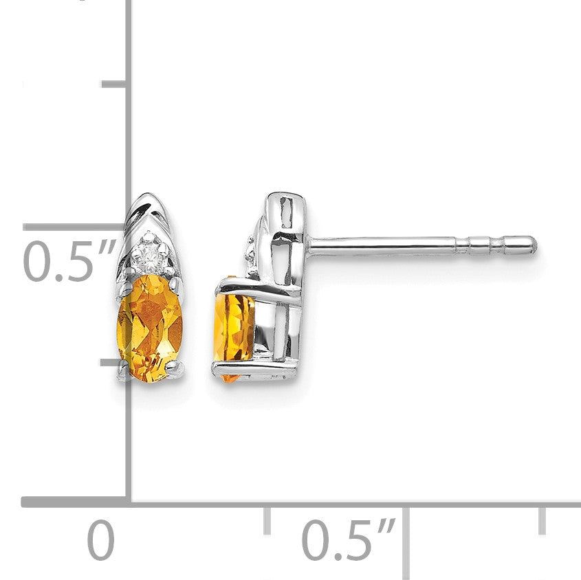 14k White Gold 5x3 Oval November/Citrine and Diamond Post Earrings