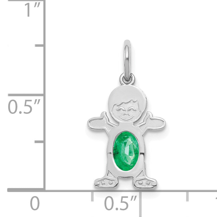 14K White Gold Boy Charm 6x4 Oval Genuine Emerald-May