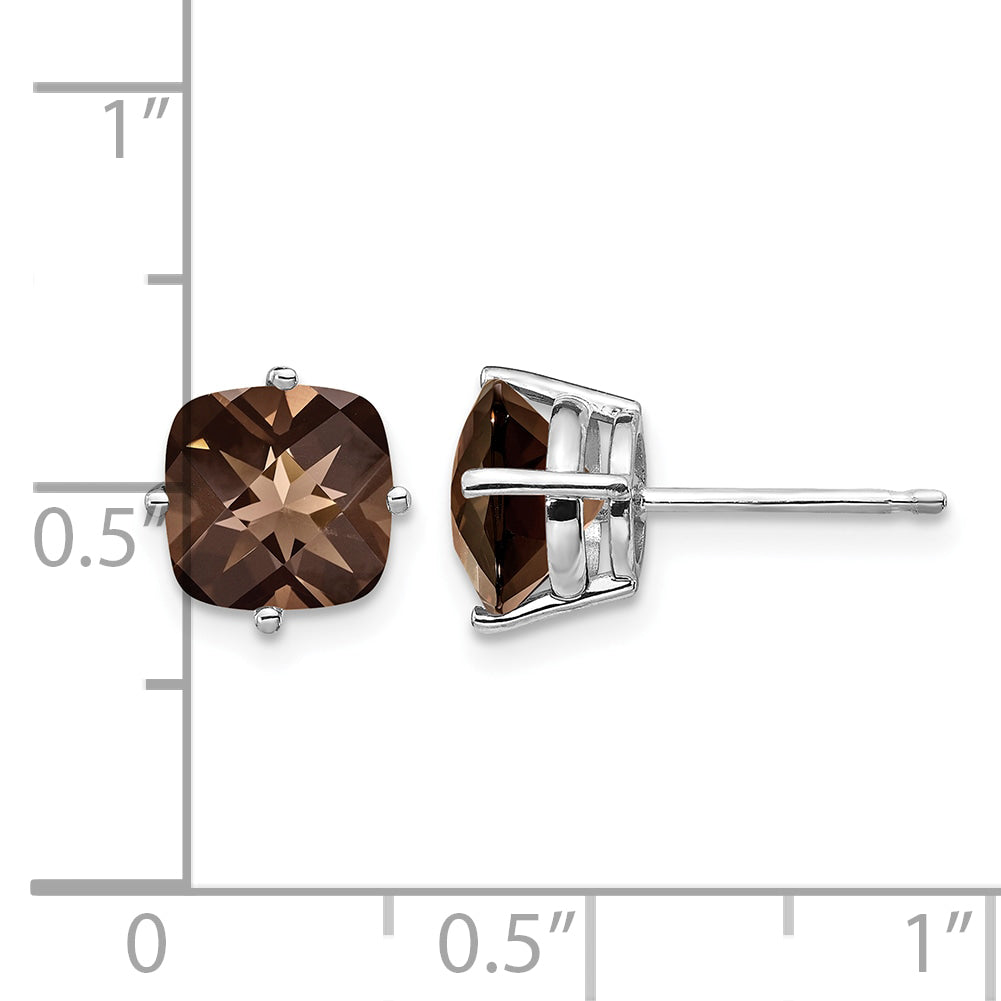 14k White Gold 7mm Cushion Smoky Quartz Post Earrings