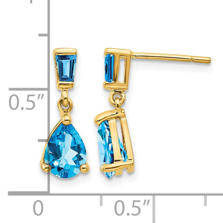 14k Pear/Baguette Blue Topaz Dangle Post Earrings