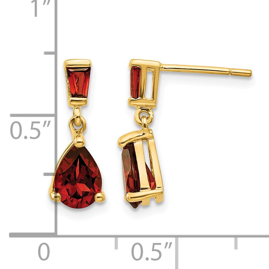 14k Pear/Baguette Garnet Dangle Post Earrings