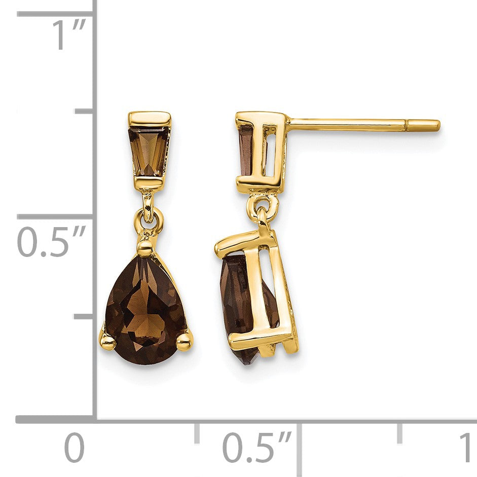 14k Pear/Baguette Smoky Quartz Dangle Post Earrings