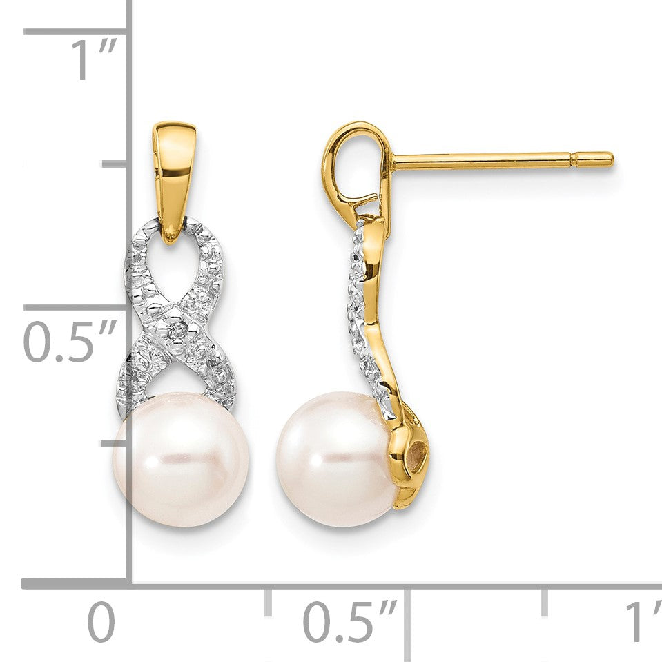 14k 6-7mm White Round Freshwater Cultured Pearl and .01 carat Diamond Ribbon Dangle Post Earrings