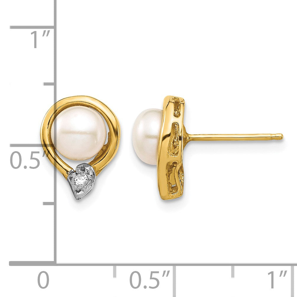 14k 5-6mm White Button Freshwater Cultured Pearl and .02 Carat Diamond Post Earrings