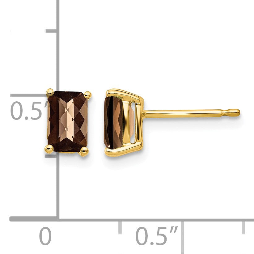 14k 6x4mm Octagon Checker-Cut Smoky Quartz Post Earrings