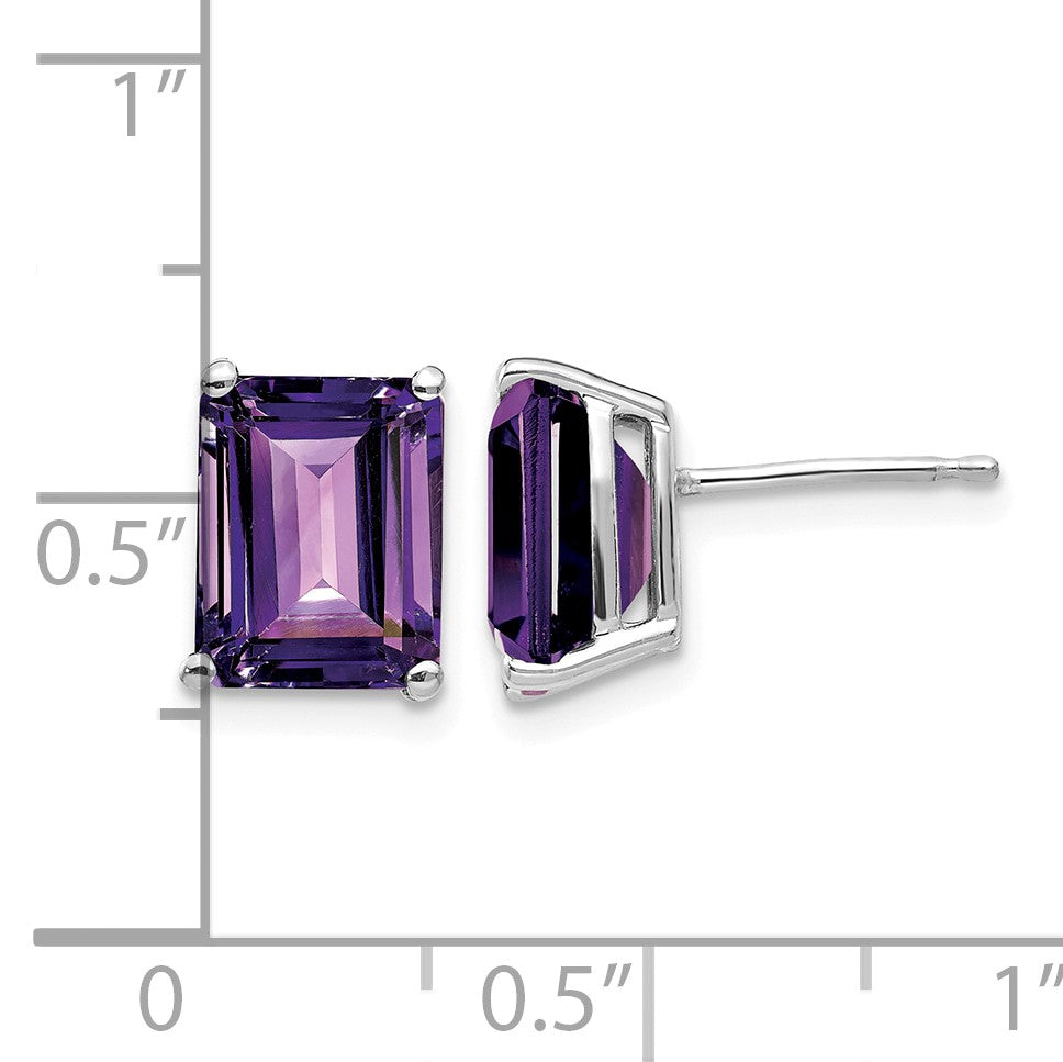 14k White Gold 9x7mm Emerald-Cut Amethyst Post Earrings