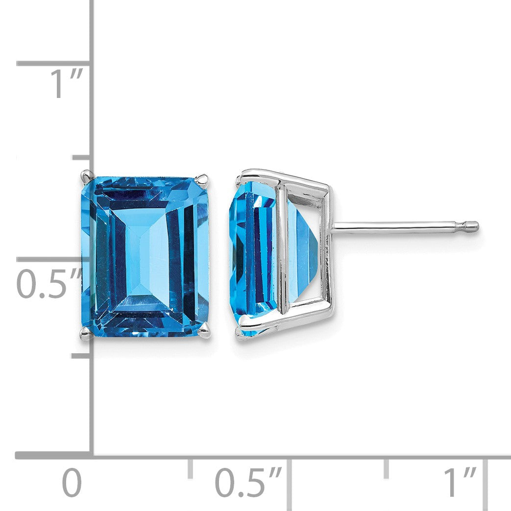 14k White Gold 10x8mm Emerald-Cut Blue Topaz Post Earrings