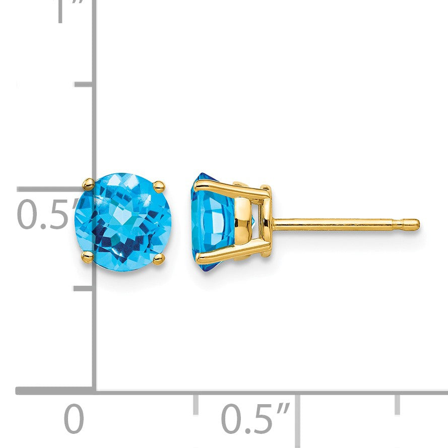 14k 6mm Round Checker-cut Blue Topaz Post Earrings