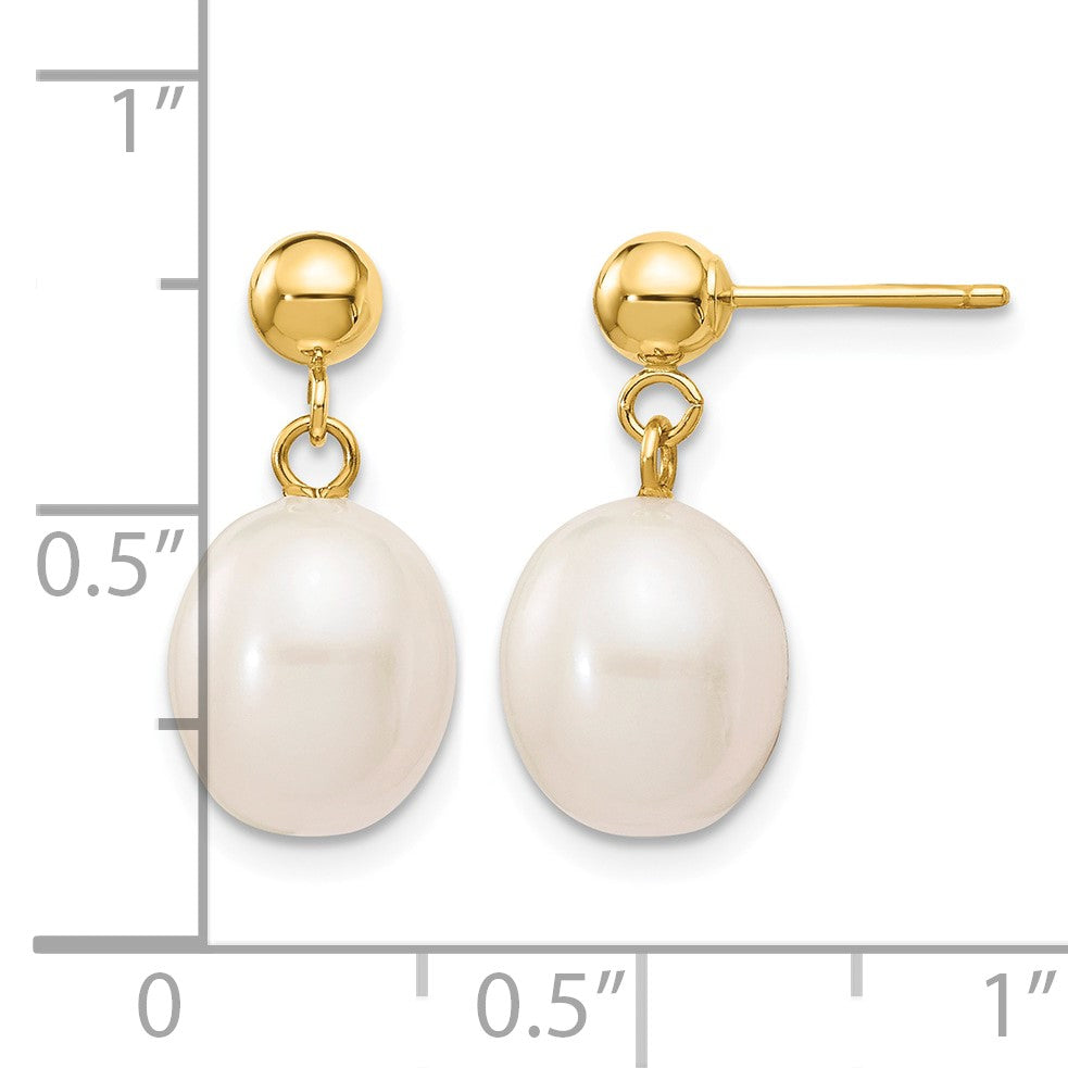 14k 8-9mm White Rice Freshwater Cultured Pearl Post Dangle Earrings