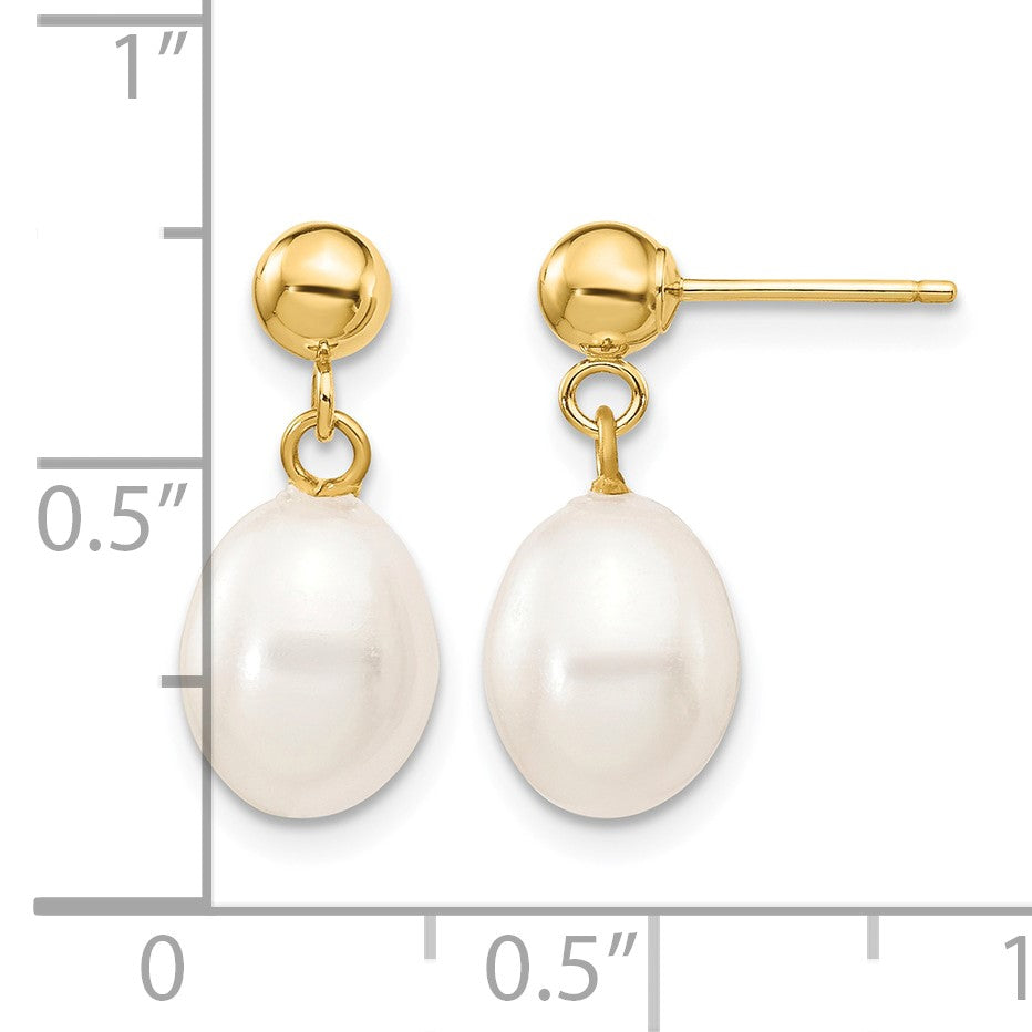 14k 7-8mm White Rice Freshwater Cultured Pearl Post Dangle Earrings