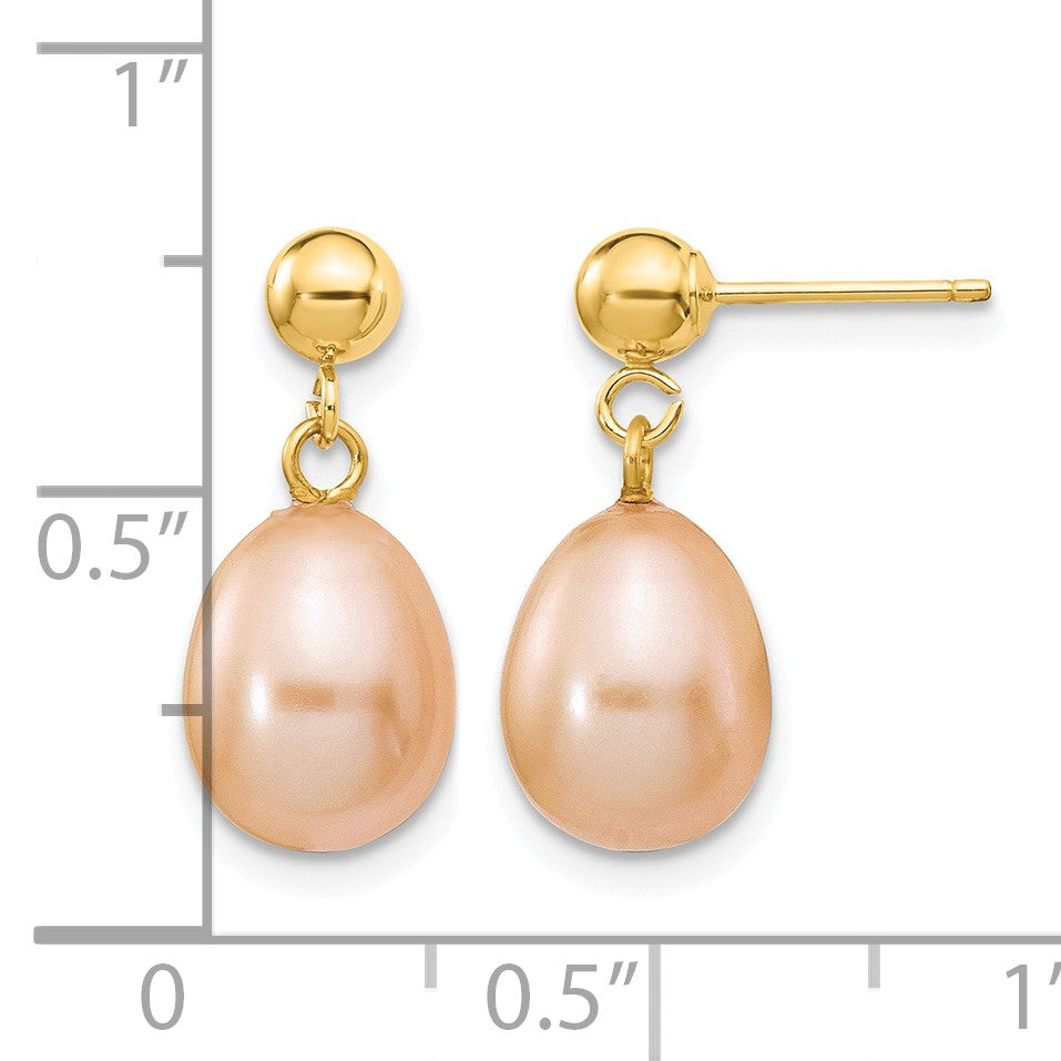 14k 8-9mm Pink Rice Freshwater Cultured Pearl Dangle Post Earrings