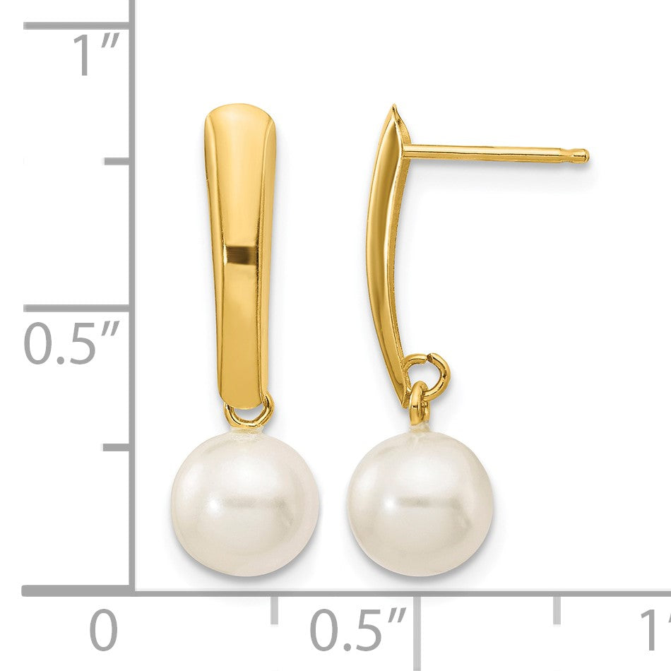 14K 6-7mm White Round Freshwater Cultured Pearl Post Dangle Earrings