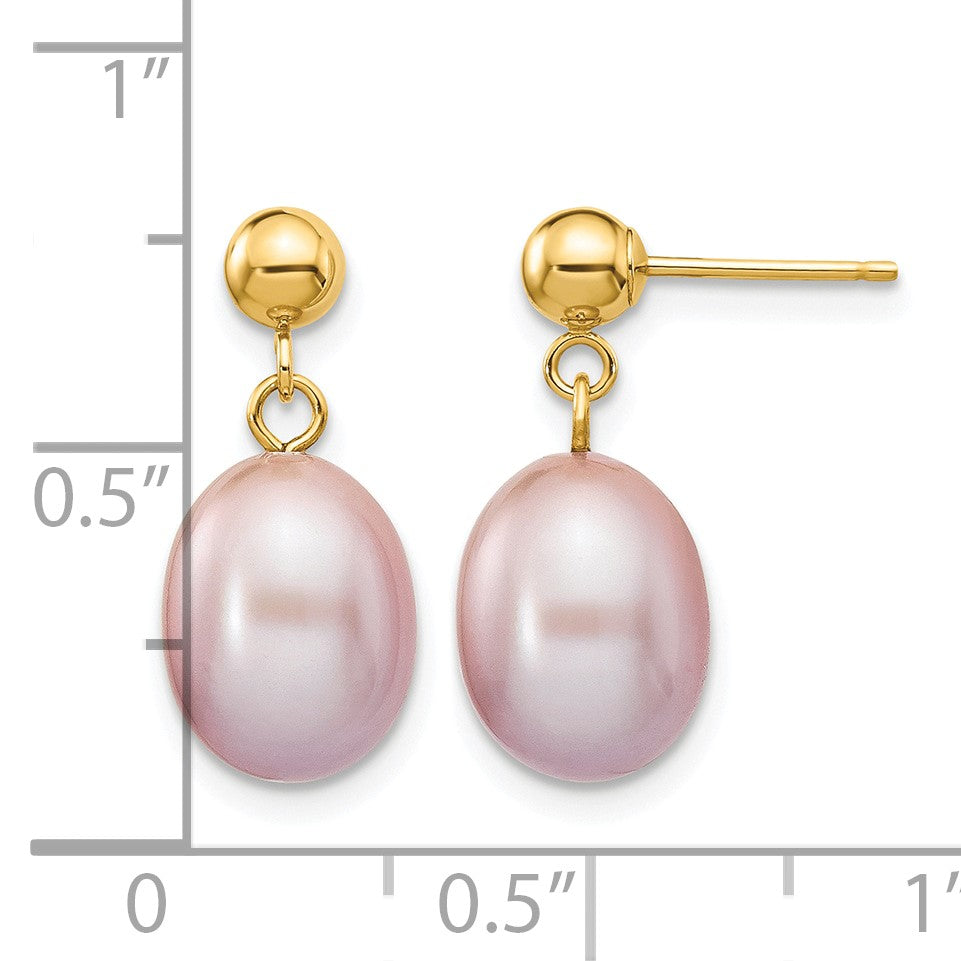 14k 8-9mm Purple Rice Freshwater Cultured Pearl Dangle Post Earrings