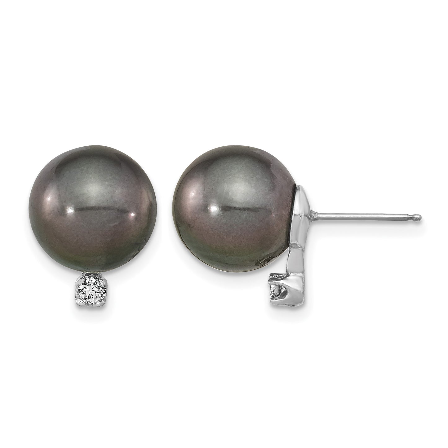 14k White Gold 10-11mm Black Round Tahitian Saltwater Cultured Pearl and .10 Carat Diamond Post Earring