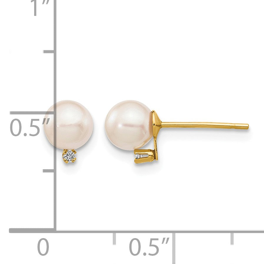 14k 5-6mm White Round Akoya Saltwater Cultured Pearl and .02 Carat Diamond Post Earrings