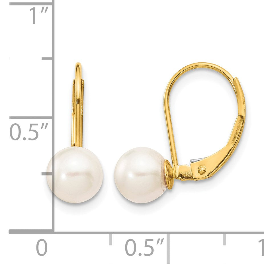 14k 6-7mm White Round Akoya Saltwater Cultured Pearl Leverback Earrings