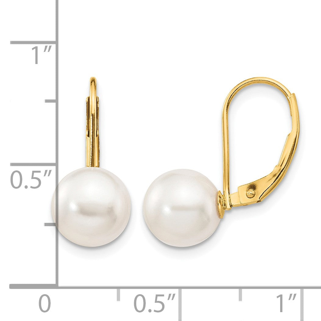 14k 8-9mm White Round Akoya Saltwater Cultured Pearl Leverback Earrings