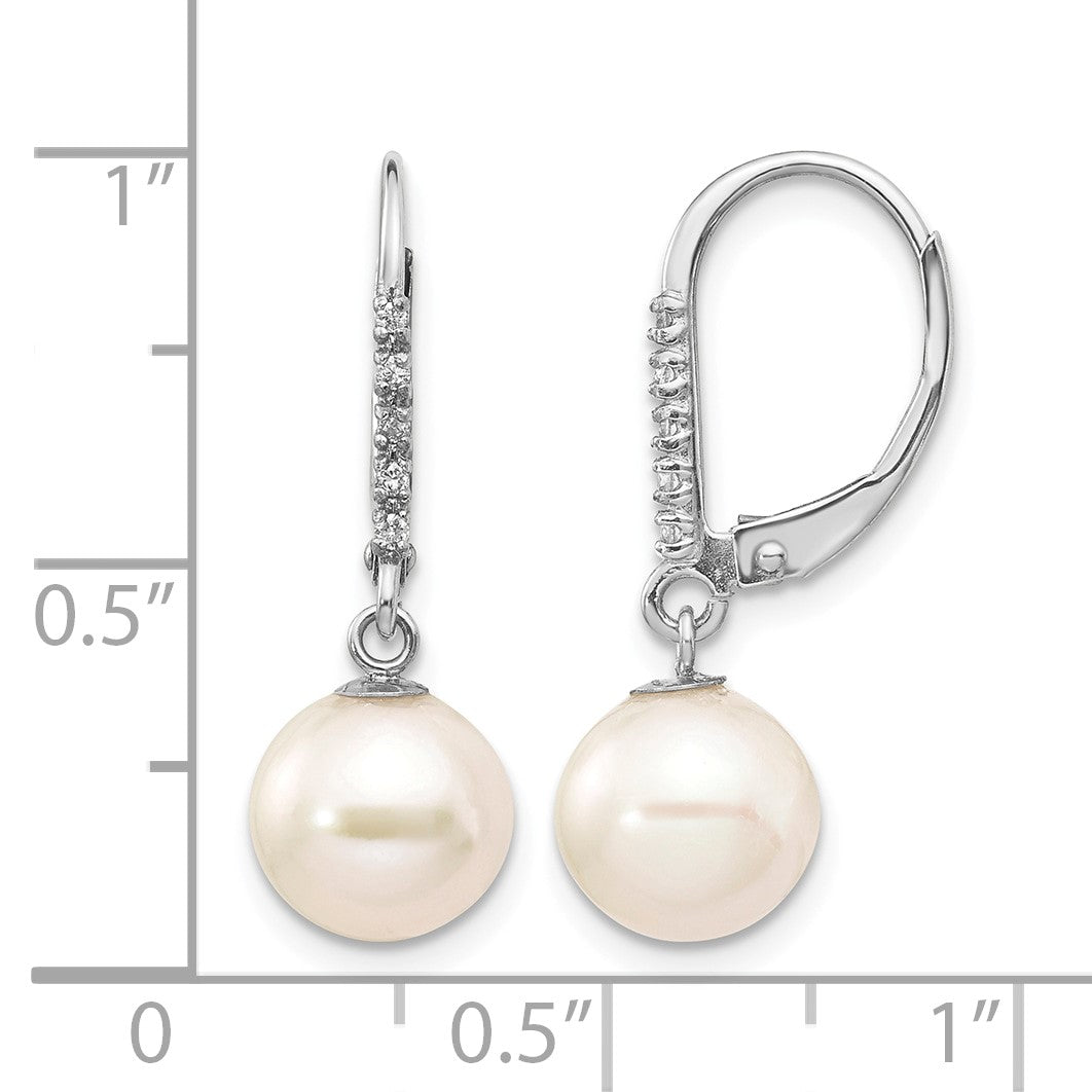 14k White Gold 8-9mm White Round Freshwater Cultured Pearl and .05 Carat Diamond Dangle Leverback Earrings