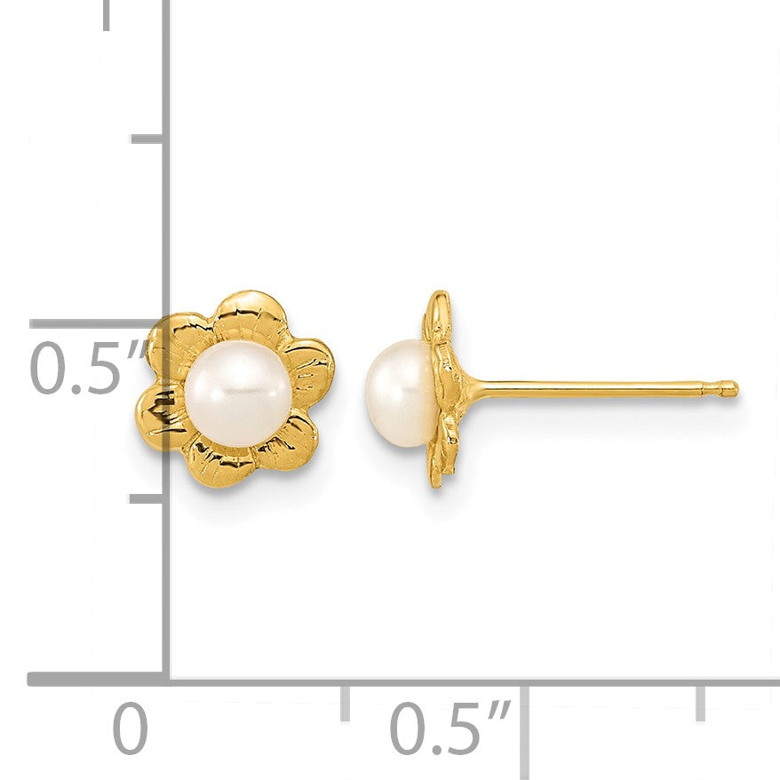 14k 3-4mm White Button Freshwater Cultured Pearl Flower Post Earrings