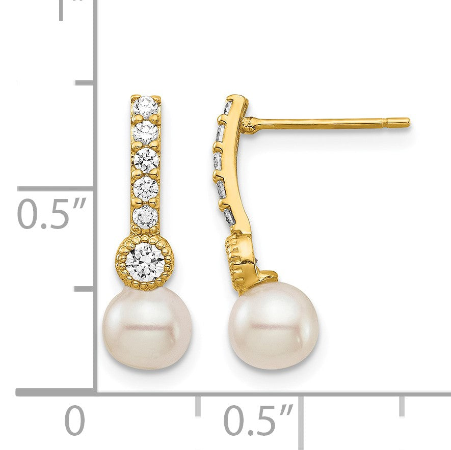 14K 6mm White Semi-round Freshwater Cultured Pearl CZ Post Drop Earrings