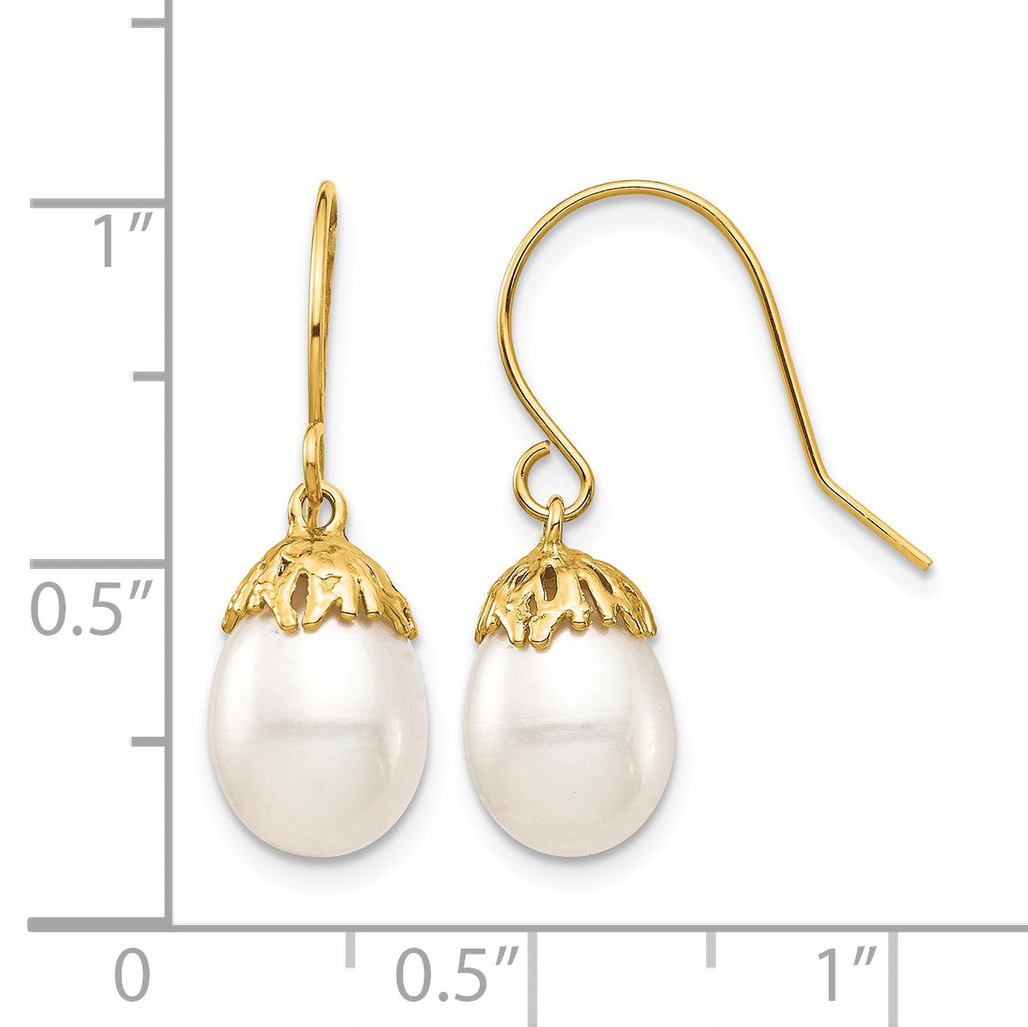 14K 7-8mm White Rice Freshwater Cultured Pearl Shepherd Hook Dangle Earrings