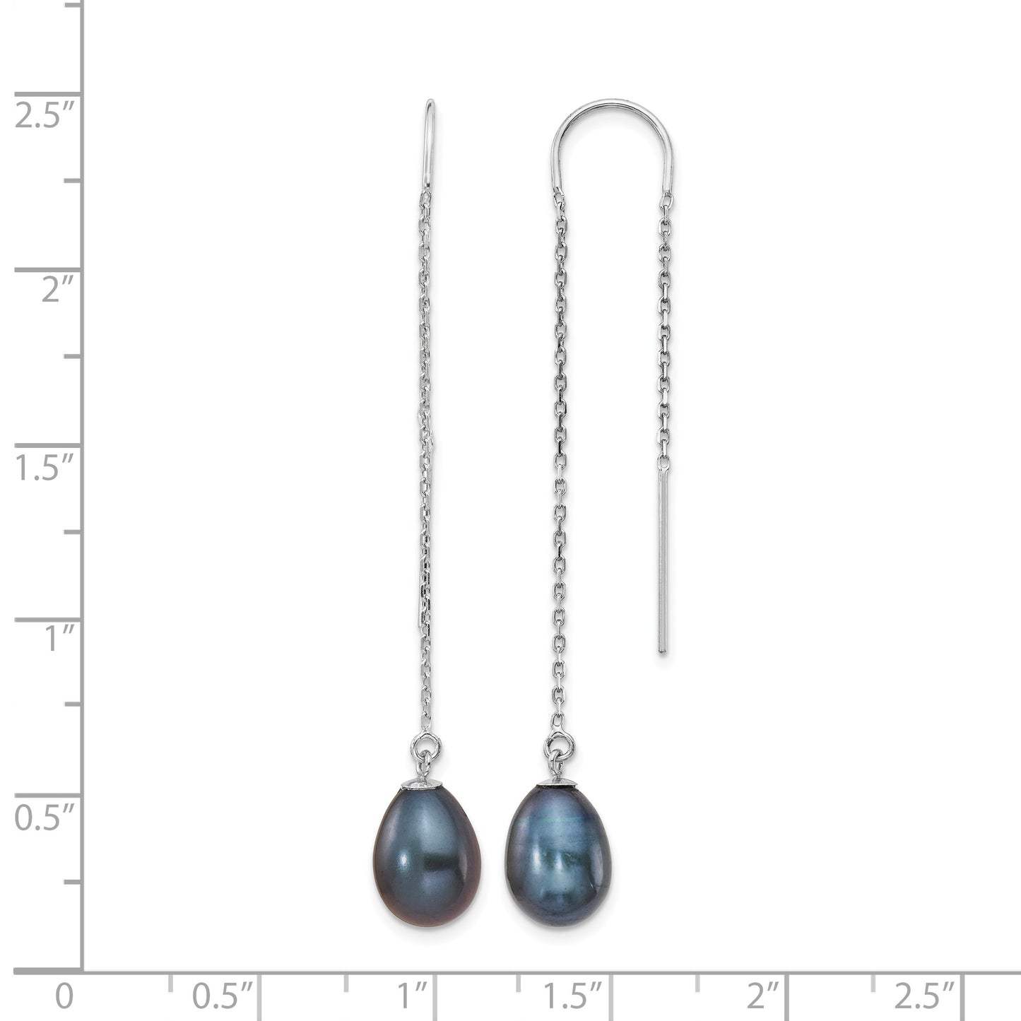 14k White Gold 7-8mm Black Teardrop Freshwater Cultured Pearl Threader Earrings