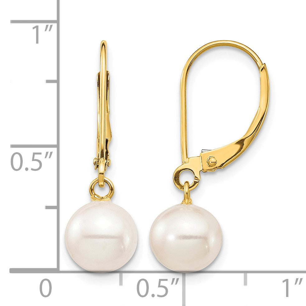 14k 7-8mm White Round Freshwater Cultured Pearl Dangle Leverback Earrings
