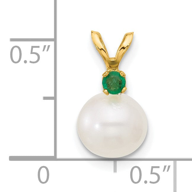 14k 7-7.5mm White Round Freshwater Cultured Pearl and .09EM Emerald Pendant