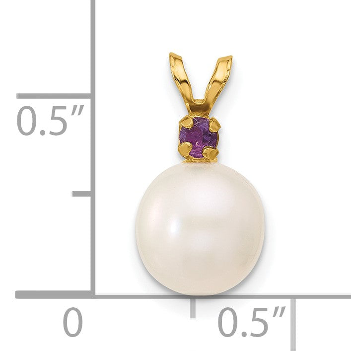 14k 8-8.5mm White Round Freshwater Cultured Pearl and .07AM Amethyst Pendant