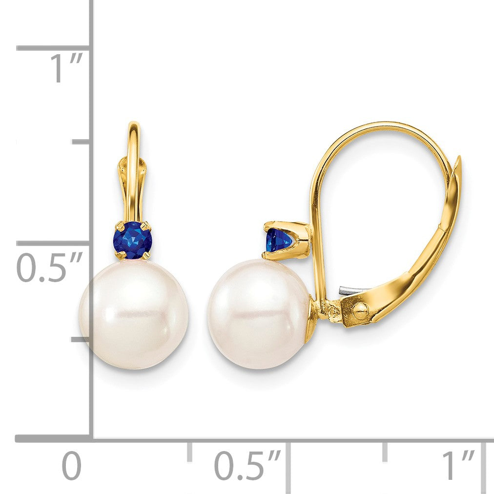 14k 7-7.5mm White Round Freshwater Cultured Pearl and .18SA Sapphire Leverback Earrings